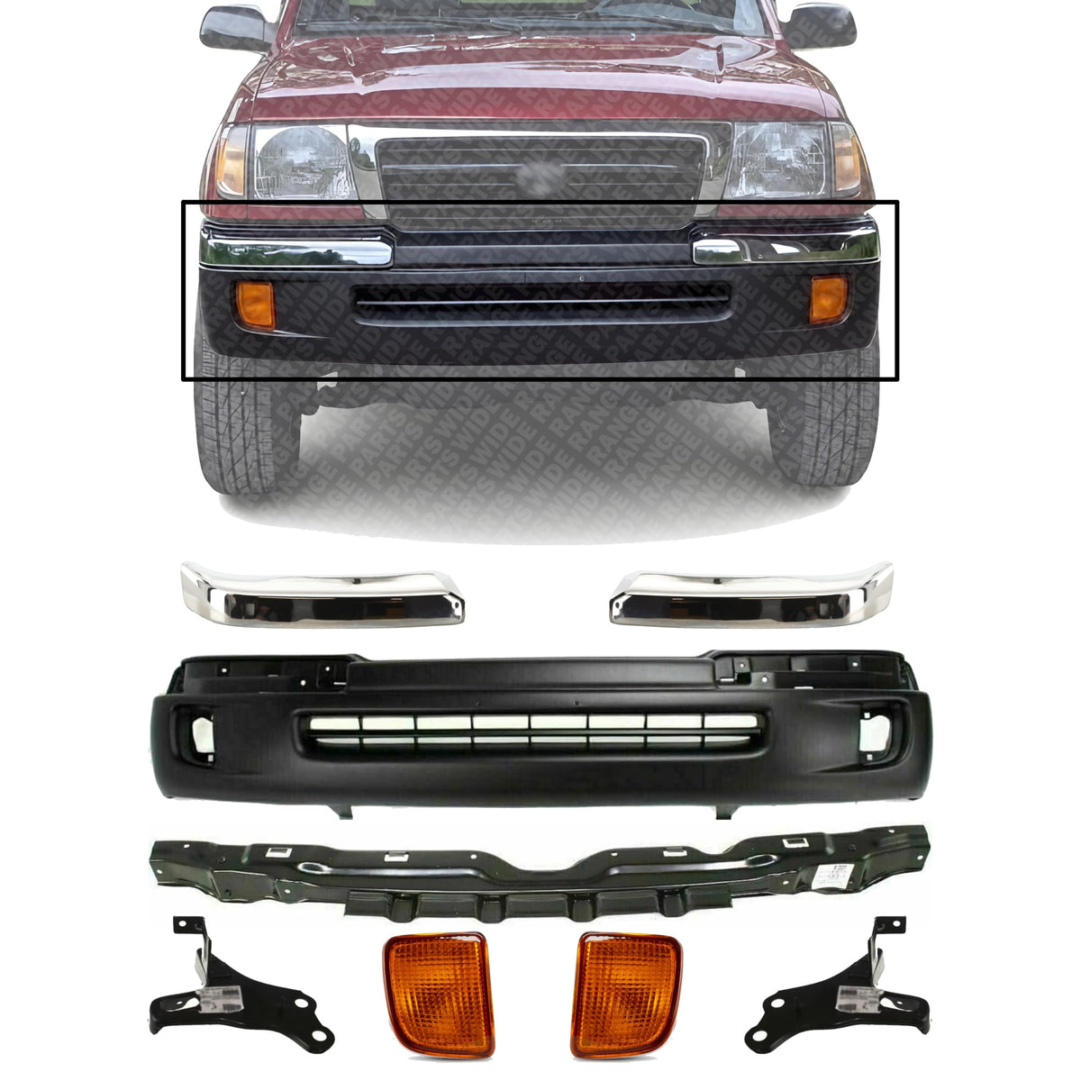 Front Bumper Textured + Trims Chrome + Reinforcement + Brackets + Signal Lights Left Driver & Right Passenger Side