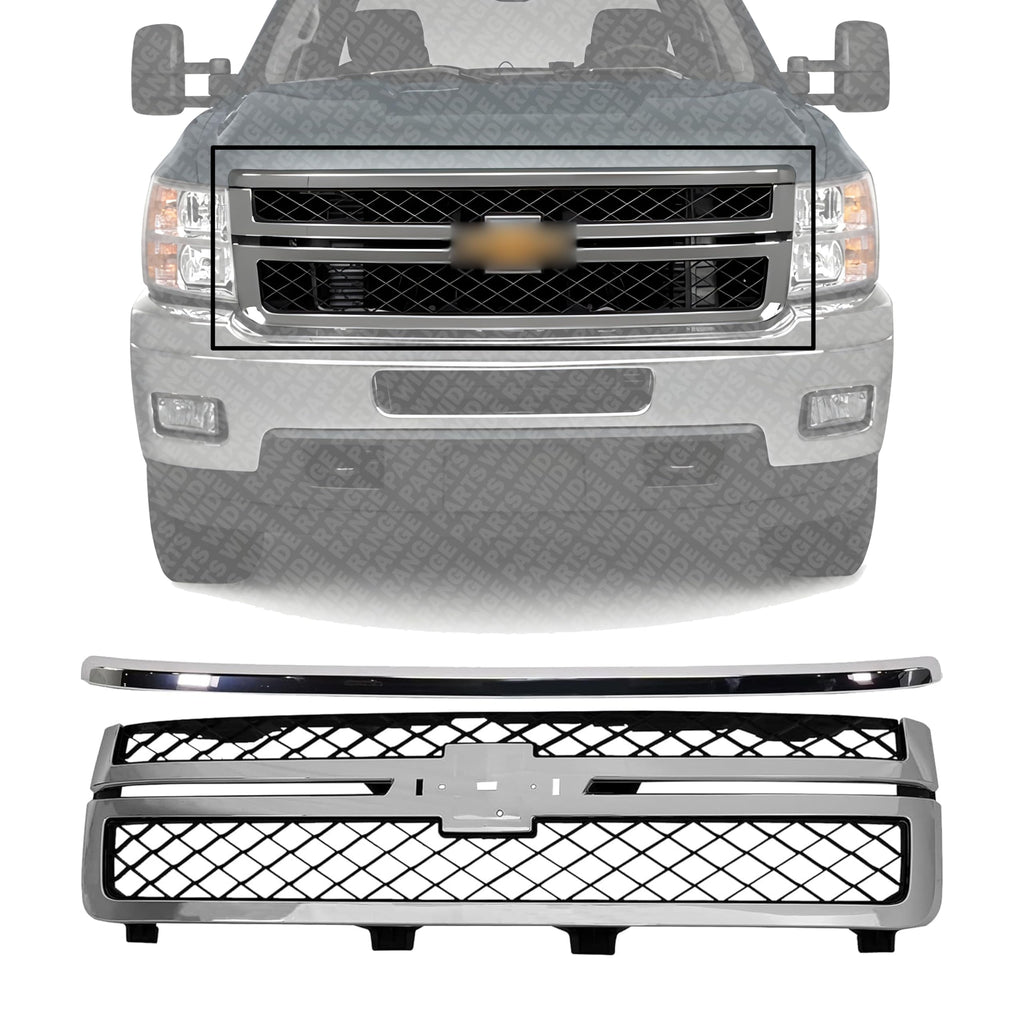 Front Grille Chrome Shell with Primed Insert + Hood Molding for 2011-2014 Chevrolet Silverado 2500 HD & 2011-2014 Silverado 3500 HD