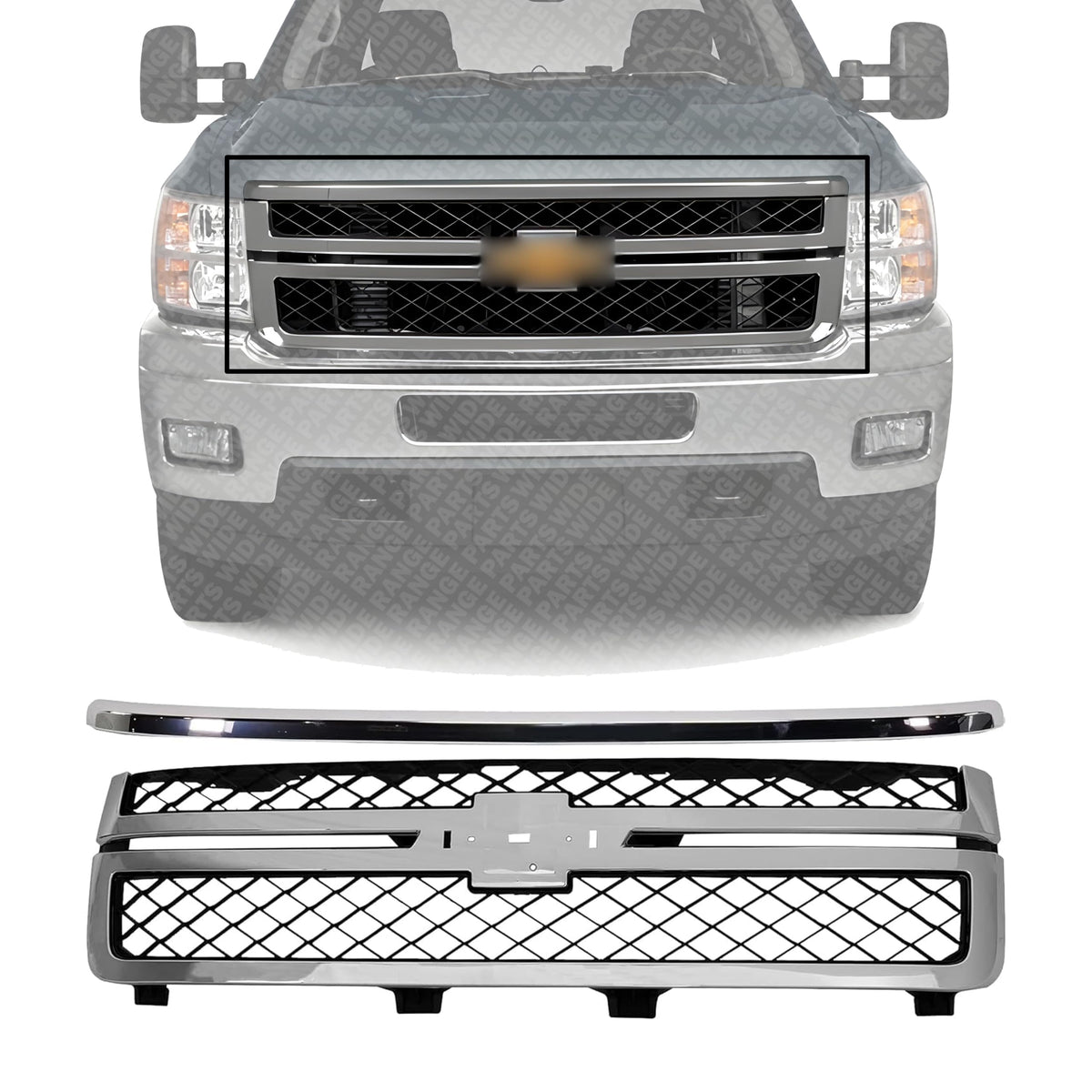Front Grille Chrome Shell with Primed Insert + Hood Molding for 2011-2014 Chevrolet Silverado 2500 HD & 2011-2014 Silverado 3500 HD