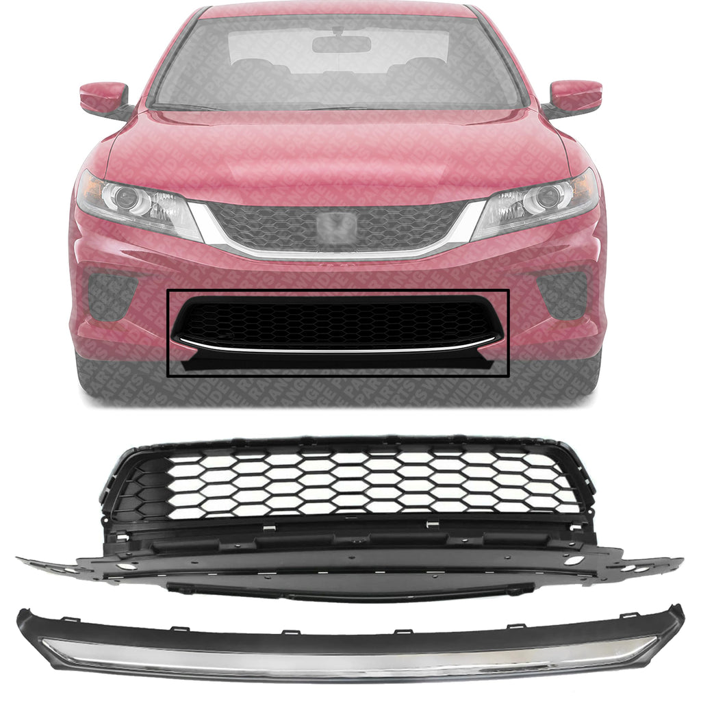 Front Lower Grille Textured + Bumper Molding Chrome for 2013-2015 Honda Accord