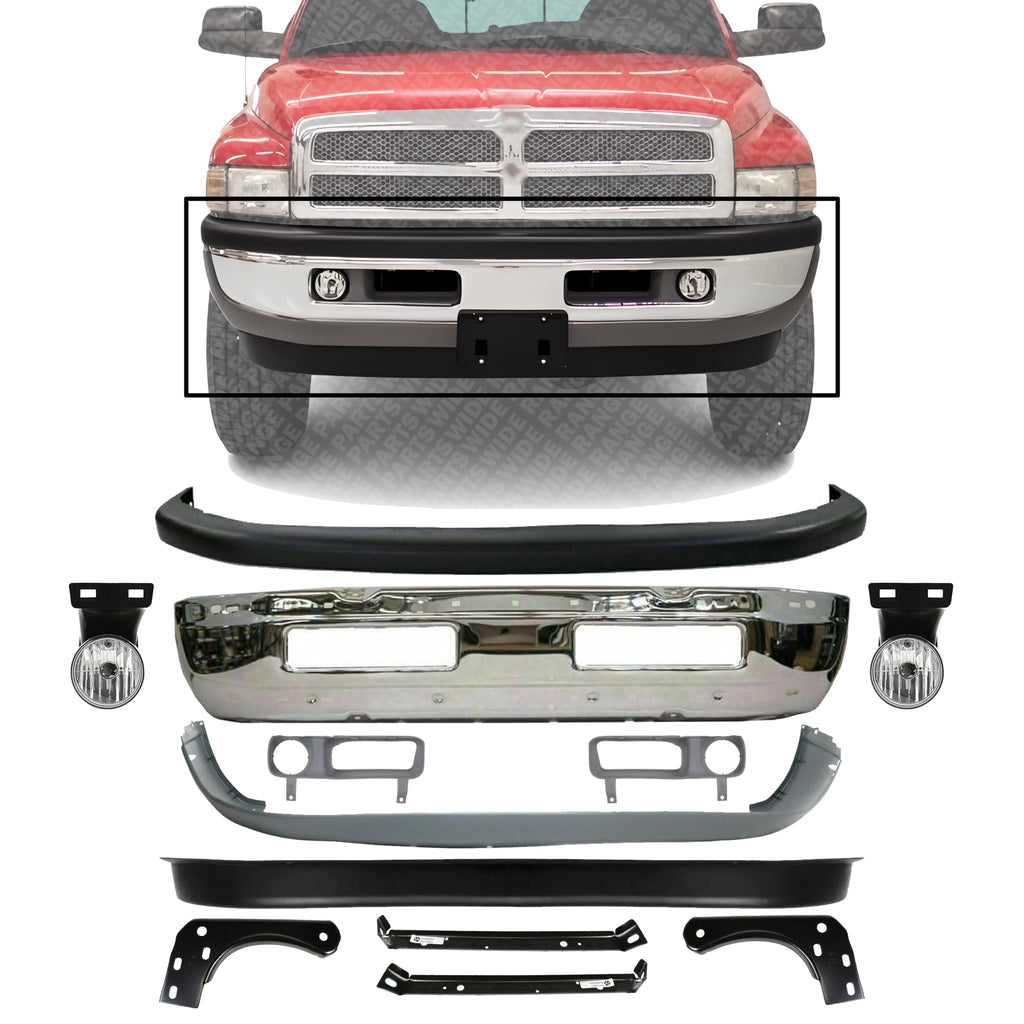 Front Bumper Chrome + Upper & Lower Cover + Valance Textured + Inner & Outer Bracket + Fog Light + Bezels Left & Right Side for 1994-2001 Dodge Ram 1500, 1994-2002 Ram 2500 & More