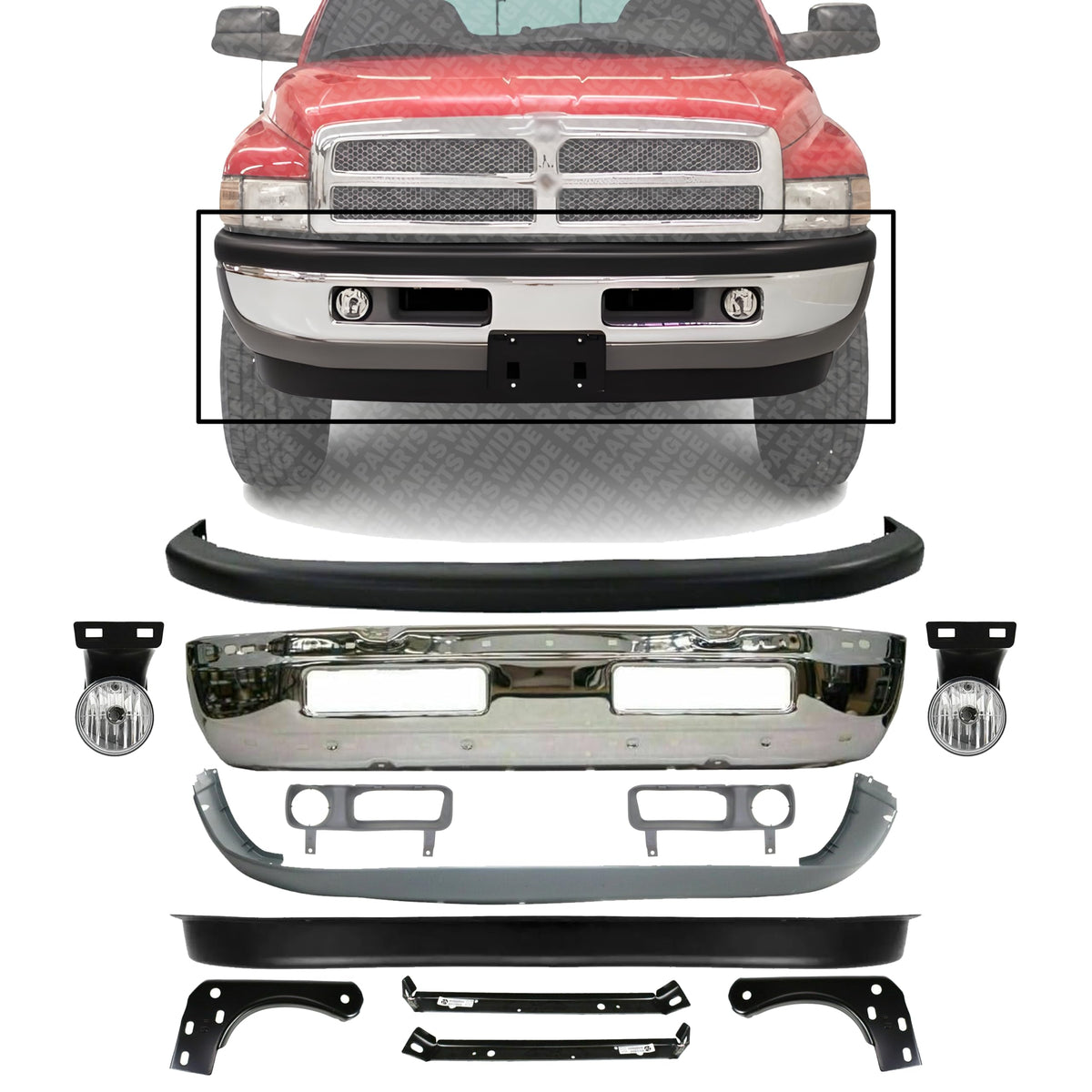 Front Bumper Chrome + Upper & Lower Cover + Valance Textured + Inner & Outer Bracket + Fog Light + Bezels Left & Right Side for 1994-2001 Dodge Ram 1500, 1994-2002 Ram 2500 & More