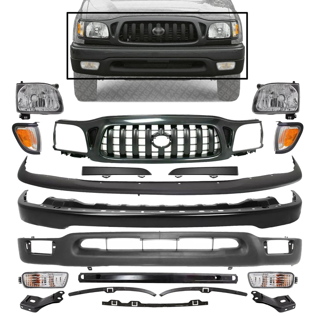 Front Bumper + Grille + Upper + Valance + Reinforcement + Brackets + Headlight + Fillers + Signal & Corner Lamp Lh & Rh Side for 2001-2004 Toyota Tacoma