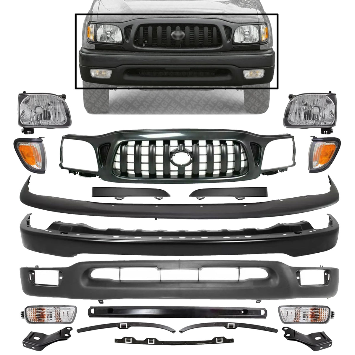 Front Bumper + Grille + Upper + Valance + Reinforcement + Brackets + Headlight + Fillers + Signal & Corner Lamp Lh & Rh Side for 2001-2004 Toyota Tacoma