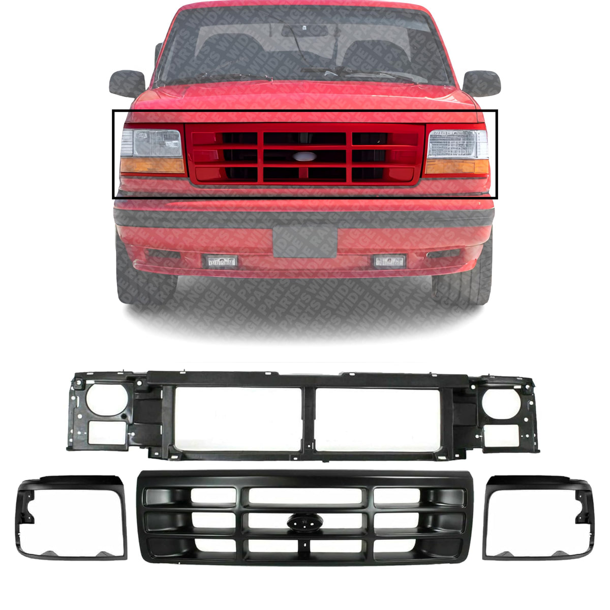 Front Header Panel + Grille + Bezels Primed Left Driver & Right Passenger Side for 1992-1997 Ford F-250, 1992-1997 F-350 & More