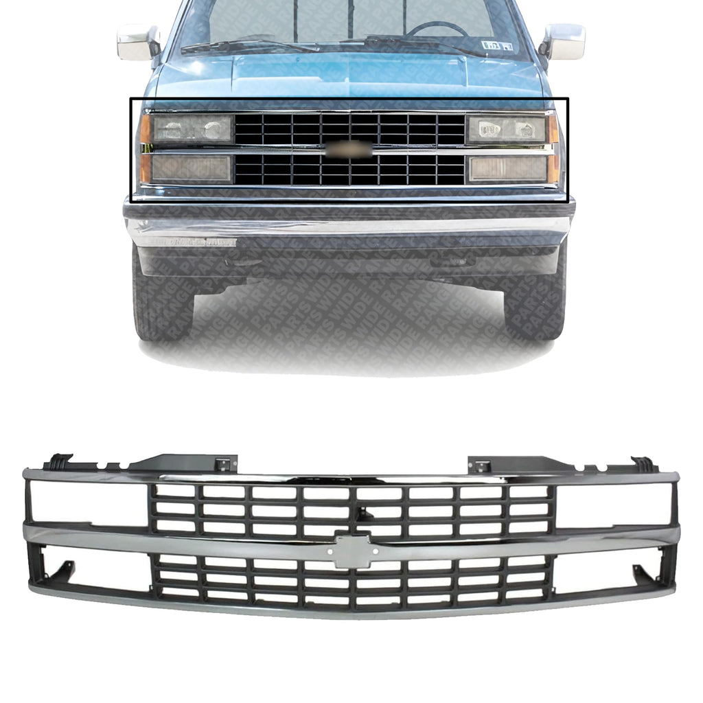 Front Grille Chrome Shell & Black Insert with Quad or Composite Headlights, Chrome Shell with Black Insert for 1988-1993 Chevrolet C1500, 1988-1993 K1500 & More