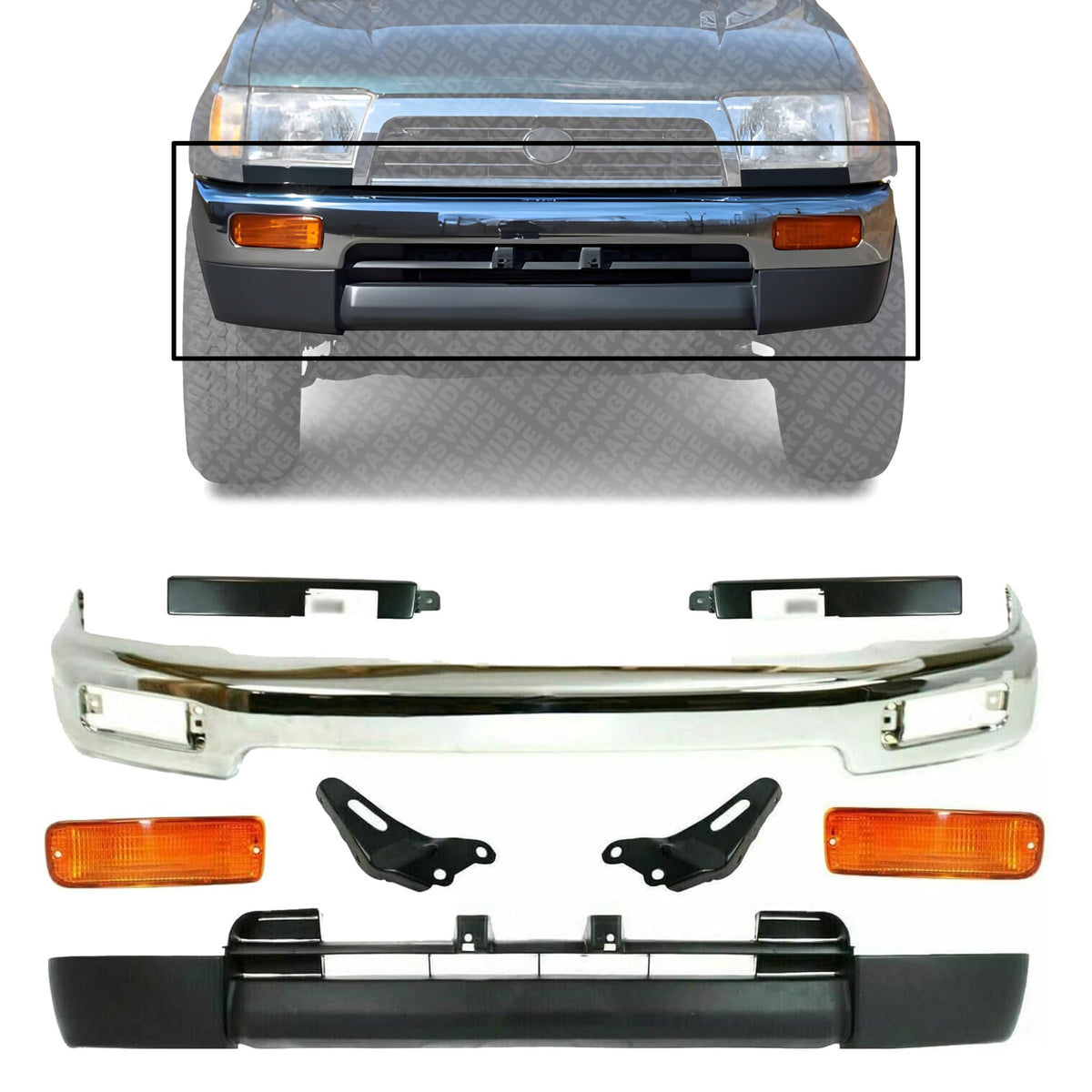 Front Bumper Chrome Steel + Lower Valance Primed + Brackets + Signal Lamps + Fillers Left Driver and Right Passenger Side for 2000-2006 Toyota Tundra