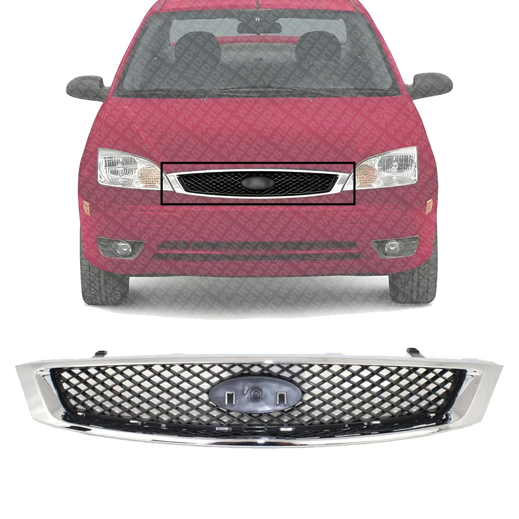 Front Grille Chrome Shell with Primed Insert for 2005-2007 Ford Focus