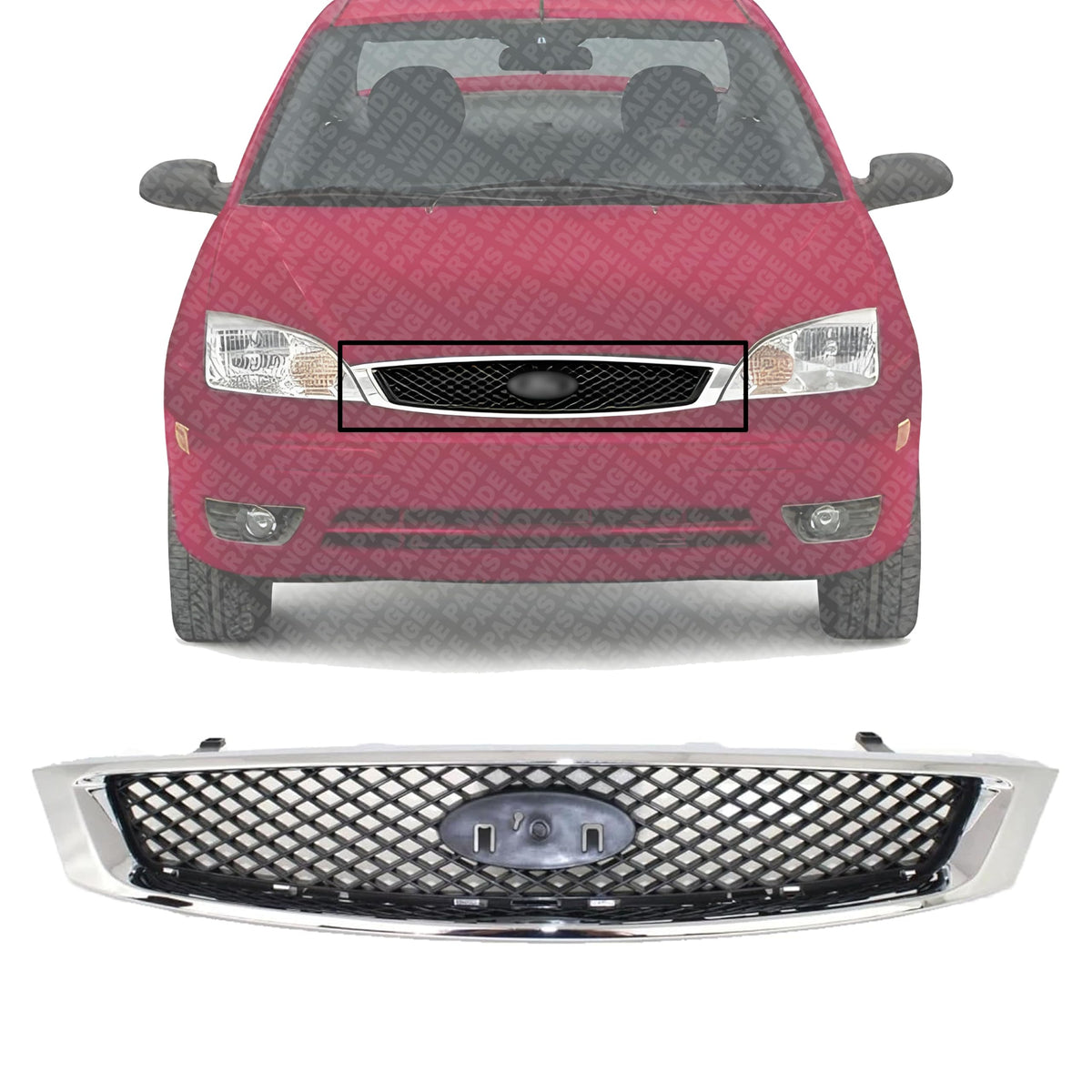 Front Grille Chrome Shell with Primed Insert for 2005-2007 Ford Focus