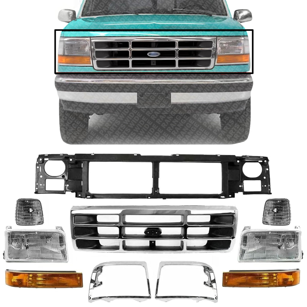 Front Grille Shell with Gray Insert+ Bezel Chrome + Header Panel + Headlight + Signal & Corner Lamp Left and Right Side for 1992-1997 Ford F-150, 1992-1996 Bronco & More