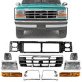 Front Grille Shell with Gray Insert+ Bezel Chrome + Header Panel + Headlight + Signal & Corner Lamp Left and Right Side for 1992-1997 Ford F-150, 1992-1996 Bronco & More