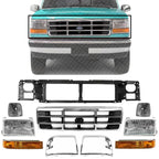 Front Grille Shell with Gray Insert+ Bezel Chrome + Header Panel + Headlight + Signal & Corner Lamp Left and Right Side for 1992-1997 Ford F-150, 1992-1996 Bronco & More