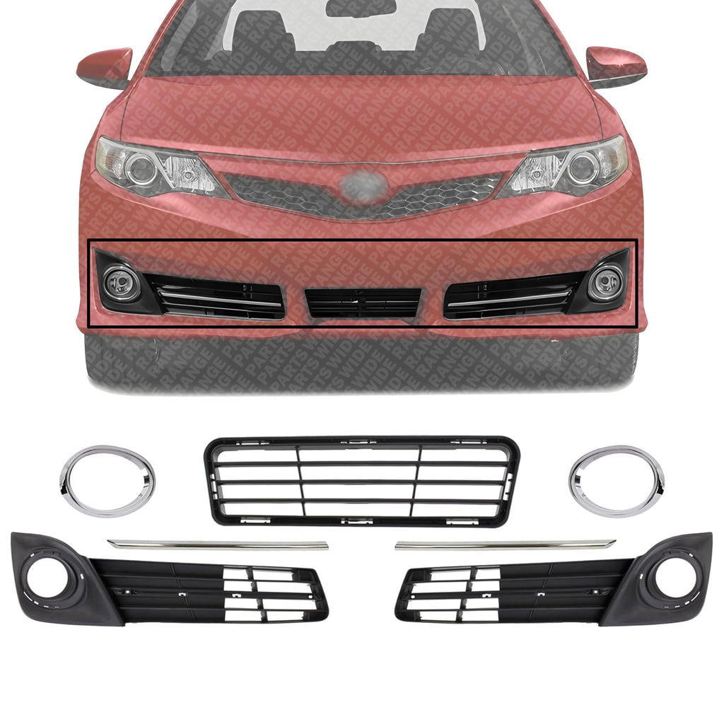 Front Bumper Lower Grille Textured + Fog Light Molding + Bezels + Brackets Left Driver & Right Passenger Side for 2012-2014 Toyota Camry