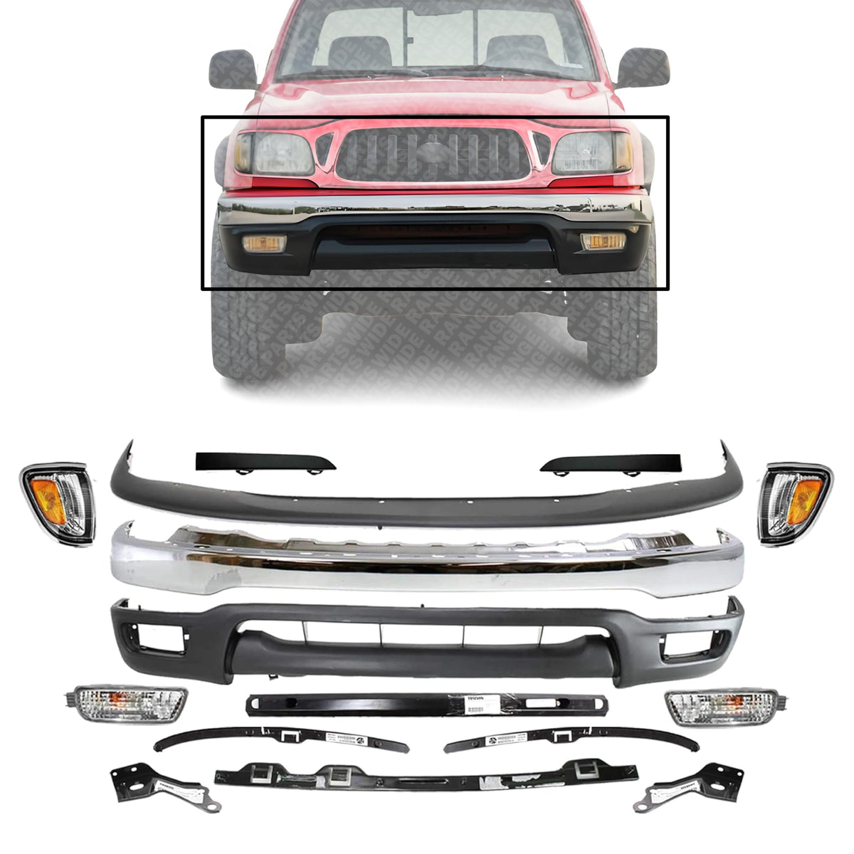 Front Bumper + Upper Cover + Valance + Reinforcement + Bracket + Retainer + Filler + Corner & Signal Lamp Left & Right Side for 2001-2004 Toyota Tacoma