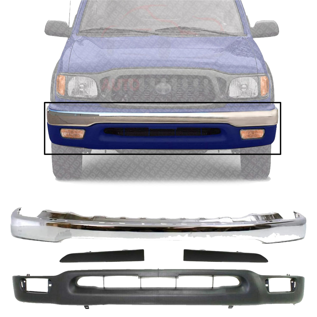 Front Bumper Chrome + Lower Valance + Head Light Filler Primed Left Driver & Right Passenger Side for 2001-2004 Toyota Tacoma