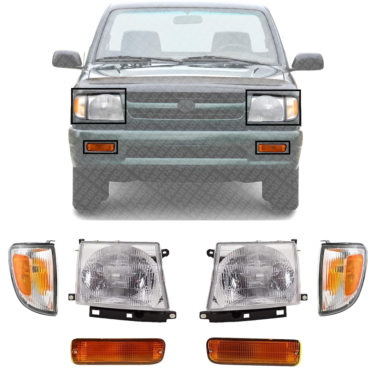 Parts Front Head Light + Corner & Signal Lamp Set of 6 Left Driver & Right Passenger Side for 1998-2000 Toyota Tacoma