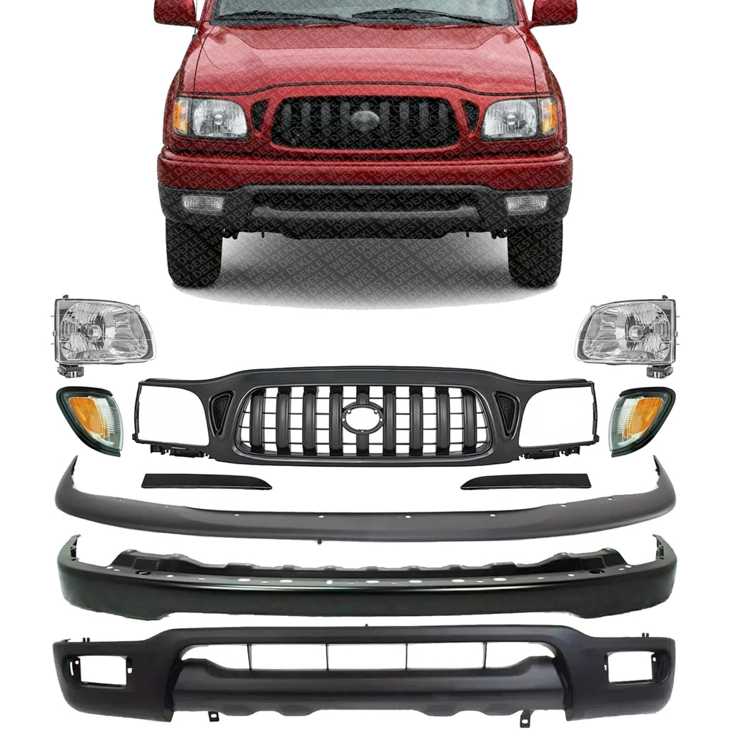 Front Bumper + Grille + Upper Cover + Lower Valance + Headlights + Fillers + Park Lamp & Signal Lights Left & Right Side for 2001-2004 Toyota Tacoma