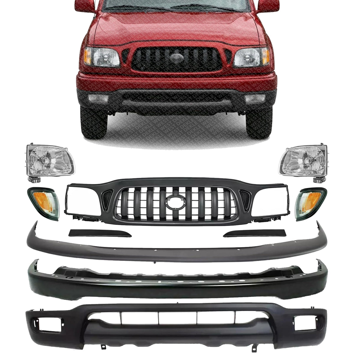 Front Bumper + Grille + Upper Cover + Lower Valance + Headlights + Fillers + Park Lamp & Signal Lights Left & Right Side for 2001-2004 Toyota Tacoma