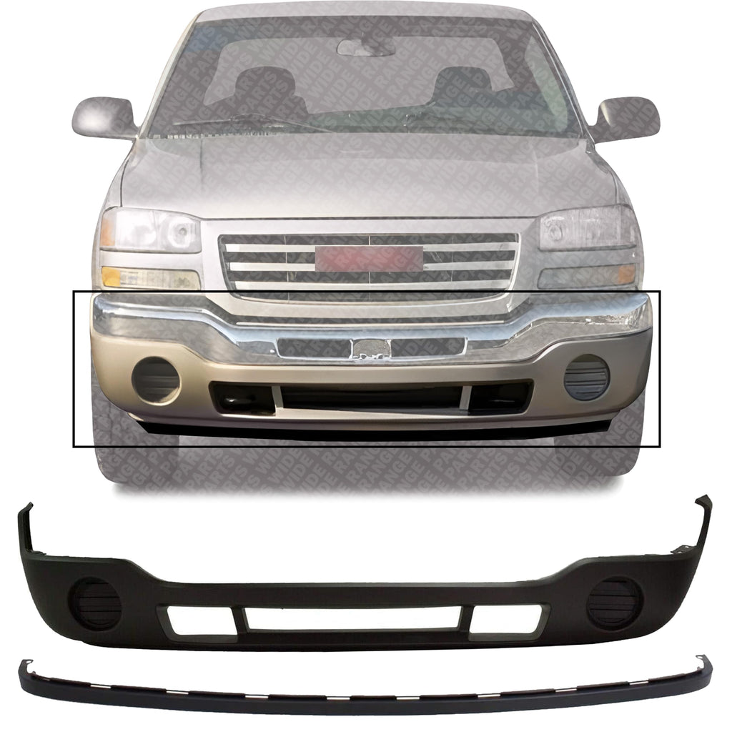 Front Bumper Cover without Fog Light Holes + Lower Valance Air Deflector Extension Textured for 2003-2007 GMC Sierra 1500, 2003-2007 Sierra 2500 HD & More
