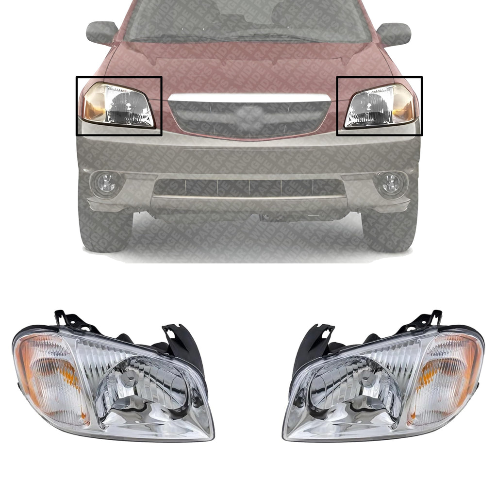 Set of 2 Front Head Light Assembly Plastic Left Driver & Right Passenger Side for 2001-2004 Mazda Tribute