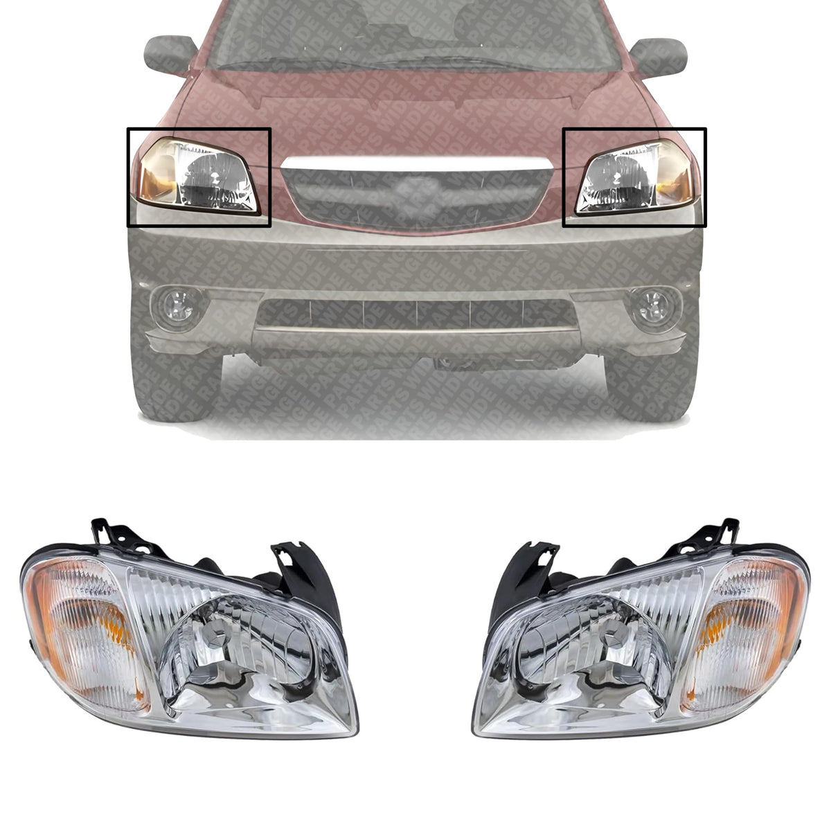 Set of 2 Front Head Light Assembly Plastic Left Driver & Right Passenger Side for 2001-2004 Mazda Tribute