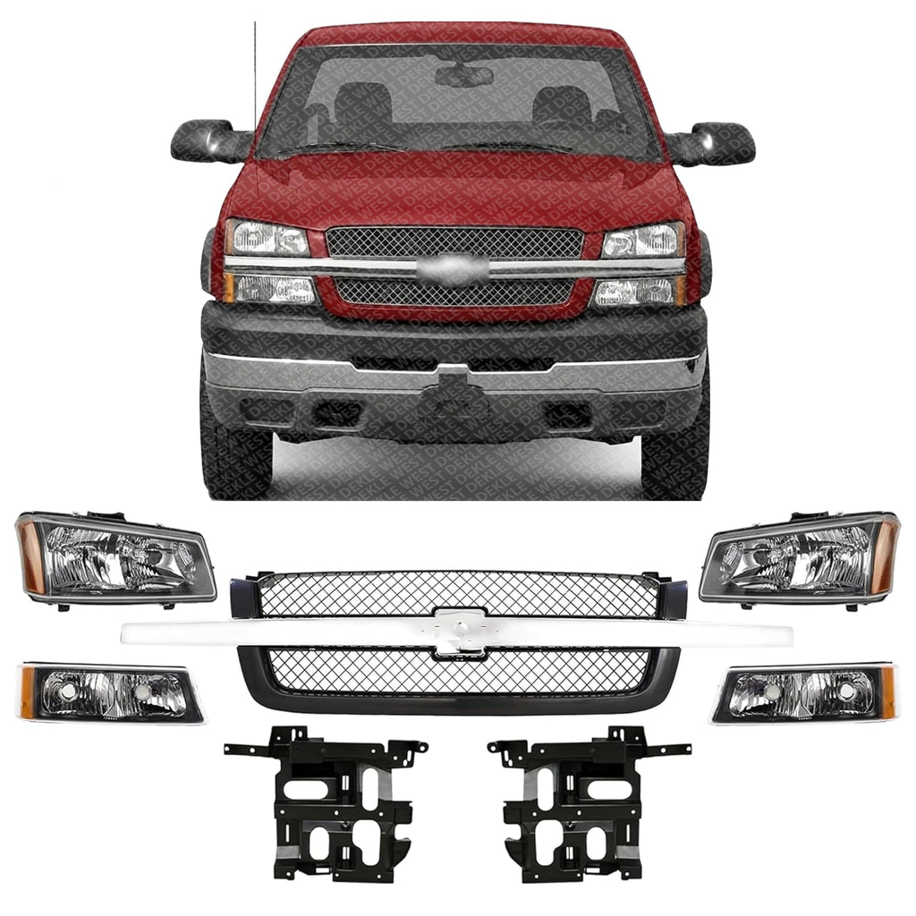 Front Grille with Chrome Center Bar + Headlights + Signal Lights + Brackets Left & Right Side for 2003-2006 Chevrolet Silverado 1500, 2003-2006 Avalanche 1500 & More