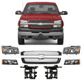Front Grille with Chrome Center Bar + Headlights + Signal Lights + Brackets Left & Right Side for 2003-2006 Chevrolet Silverado 1500, 2003-2006 Avalanche 1500 & More
