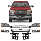 Front Grille with Chrome Center Bar + Headlights + Signal Lights + Brackets Left & Right Side for 2003-2006 Chevrolet Silverado 1500, 2003-2006 Avalanche 1500 & More