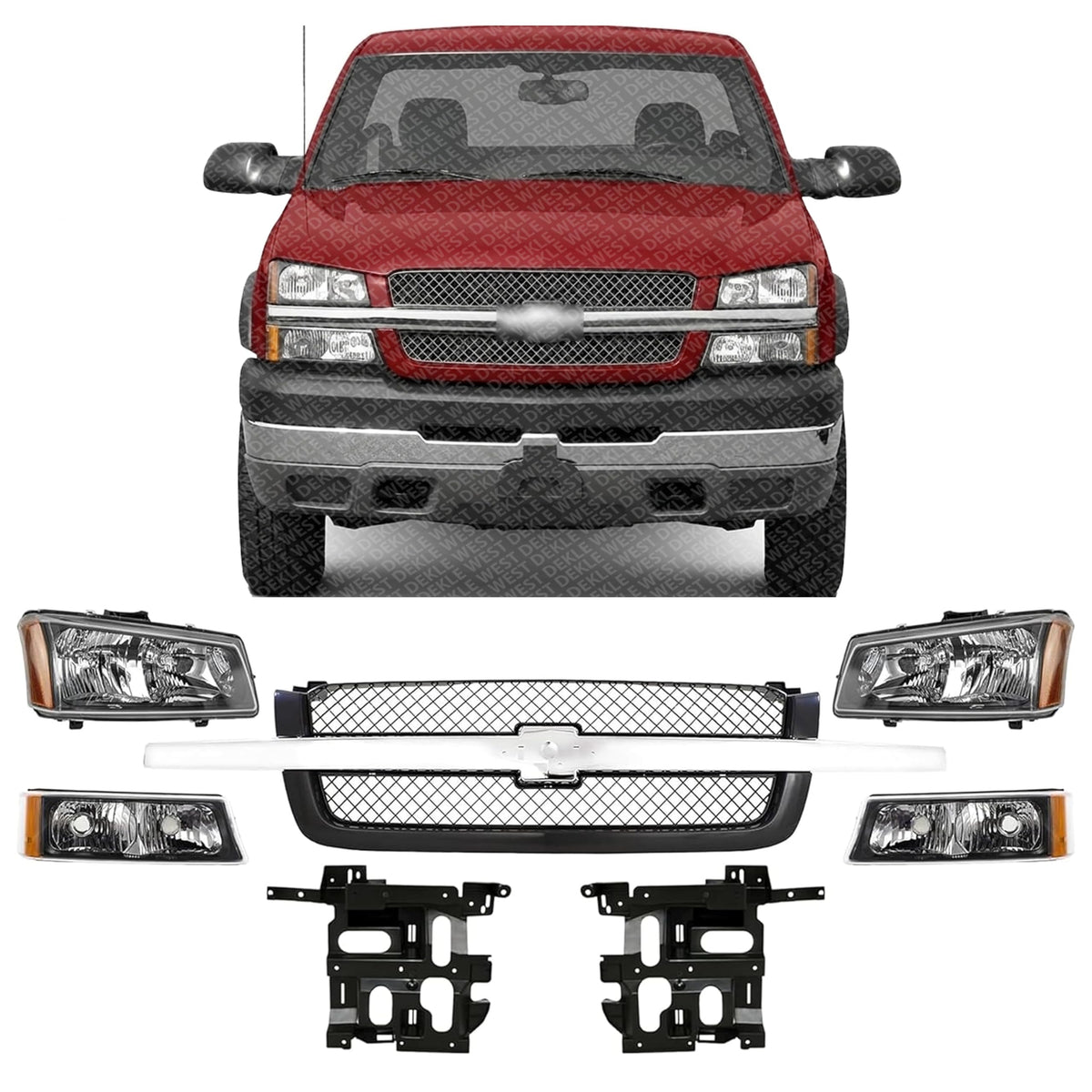Front Grille with Chrome Center Bar + Headlights + Signal Lights + Brackets Left & Right Side for 2003-2006 Chevrolet Silverado 1500, 2003-2006 Avalanche 1500 & More