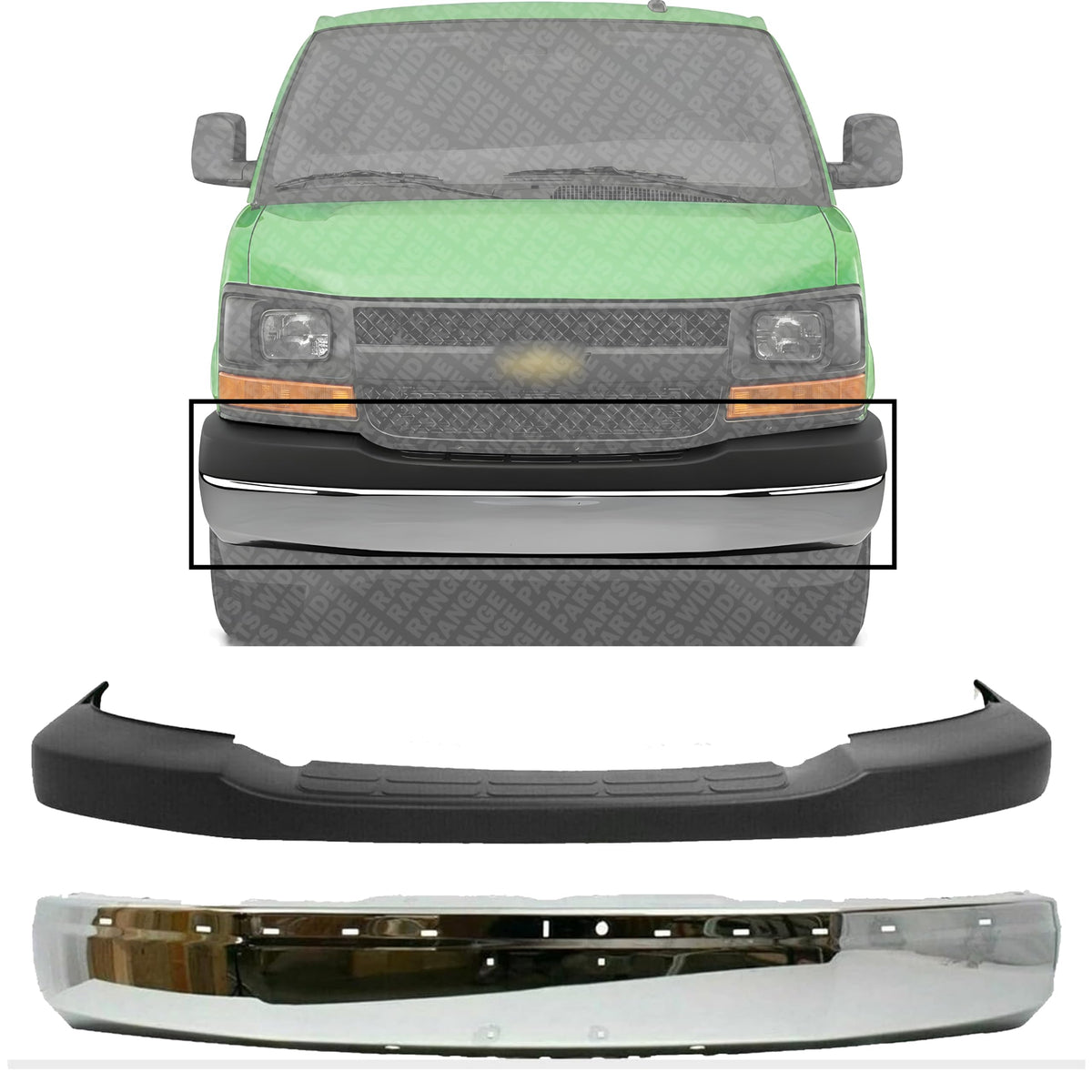 Front Bumper Face Bar Chrome Steel + Upper Cover Textured for 2003-2014 GMC Savana 1500, 2003-2023 Savana 2500 & More