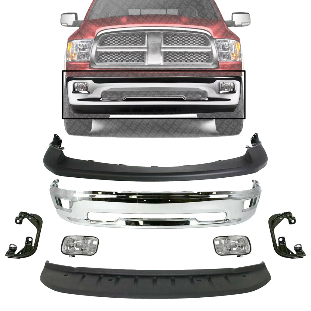 Front Bumper Chrome + Upper Cover Textured + Lower Valance Primed + Fog Lights with Brackets Right & Left Side for 2011-2012 Ram 1500 & 2009-2010 Dodge Ram 1500