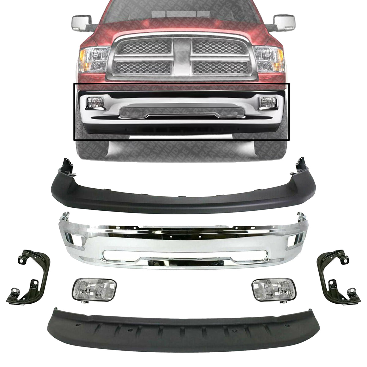 Front Bumper Chrome + Upper Cover Textured + Lower Valance Primed + Fog Lights with Brackets Right & Left Side for 2011-2012 Ram 1500 & 2009-2010 Dodge Ram 1500