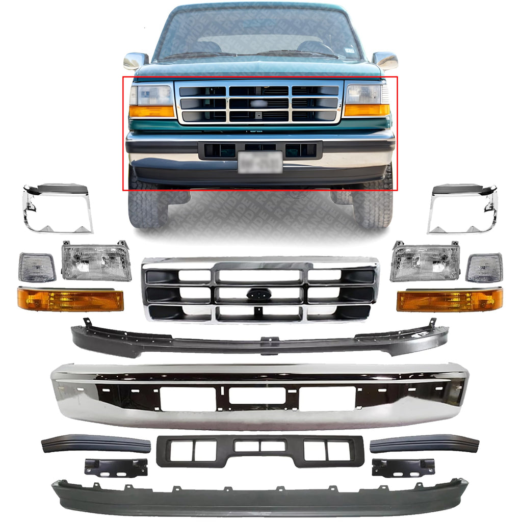17-Piece Front Bumper Kit: Chrome Bumper, Moldings, Grille, Lower Valance, Brackets & Headlight Kit (Left & Right) for 1993-1997 Ford F-350, 1992-1996 F-150 & More
