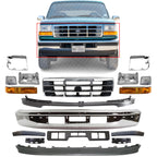 17-Piece Front Bumper Kit: Chrome Bumper, Moldings, Grille, Lower Valance, Brackets & Headlight Kit (Left & Right) for 1993-1997 Ford F-350, 1992-1996 F-150 & More