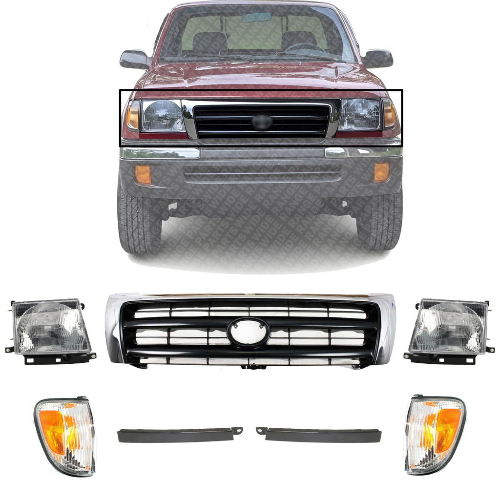 Front Grille Chrome Shell & Painted Dark Argent Insert + Fillers + Corner Lights + Headlights + Brackets Left & Right Side for 1998-2000 Toyota Tacoma