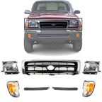 Front Grille Chrome Shell & Painted Dark Argent Insert + Fillers + Corner Lights + Headlights + Brackets Left & Right Side for 1998-2000 Toyota Tacoma