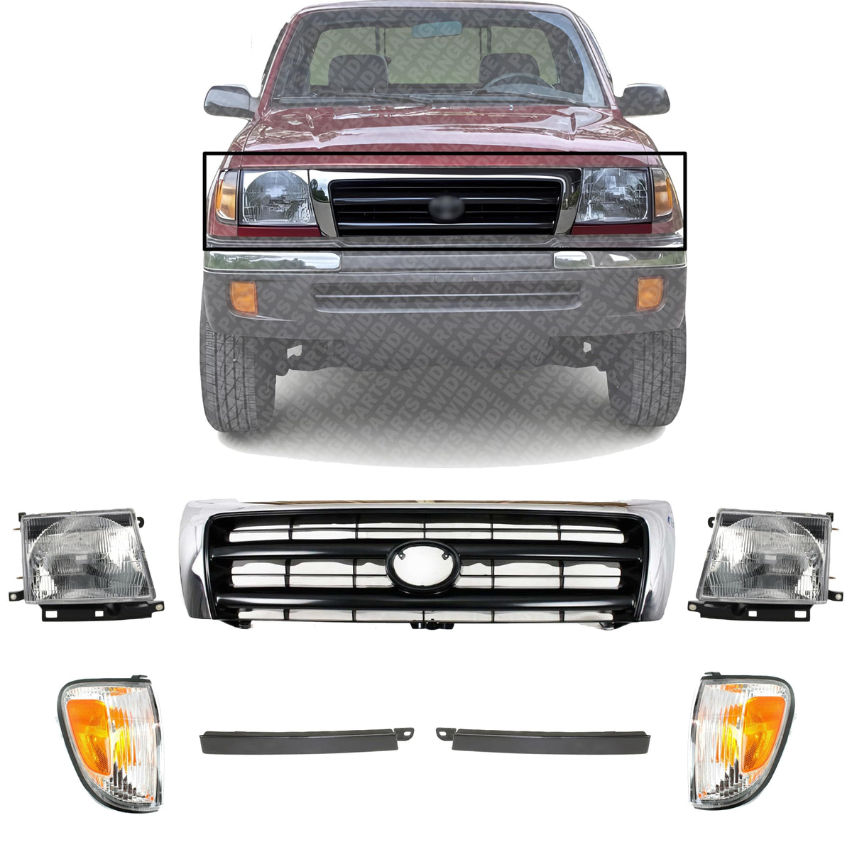 Front Grille Chrome Shell & Painted Dark Argent Insert + Fillers + Corner Lights + Headlights + Brackets Left & Right Side for 1998-2000 Toyota Tacoma