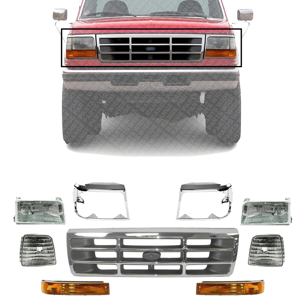 Front Grille Chrome Shell & Plastic Insert + Bezels + Head Lamp + Signal & Corner Light Left Driver & Right Passenger Side for 1992-1997 Ford F-250, 1992-1996 Bronco & More