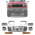 Front Grille Chrome Shell & Plastic Insert + Bezels + Head Lamp + Signal & Corner Light Left Driver & Right Passenger Side for 1992-1997 Ford F-250, 1992-1996 Bronco & More