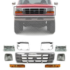 Front Grille Chrome Shell & Plastic Insert + Bezels + Head Lamp + Signal & Corner Light Left Driver & Right Passenger Side for 1992-1997 Ford F-250, 1992-1996 Bronco & More