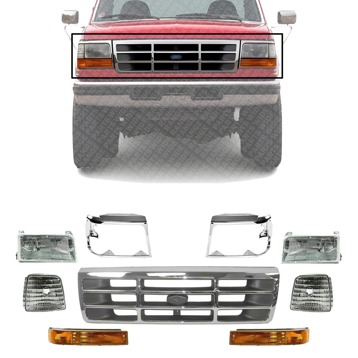 Front Grille Chrome Shell & Plastic Insert + Bezels + Head Lamp + Signal & Corner Light Left Driver & Right Passenger Side for 1992-1997 Ford F-250, 1992-1996 Bronco & More