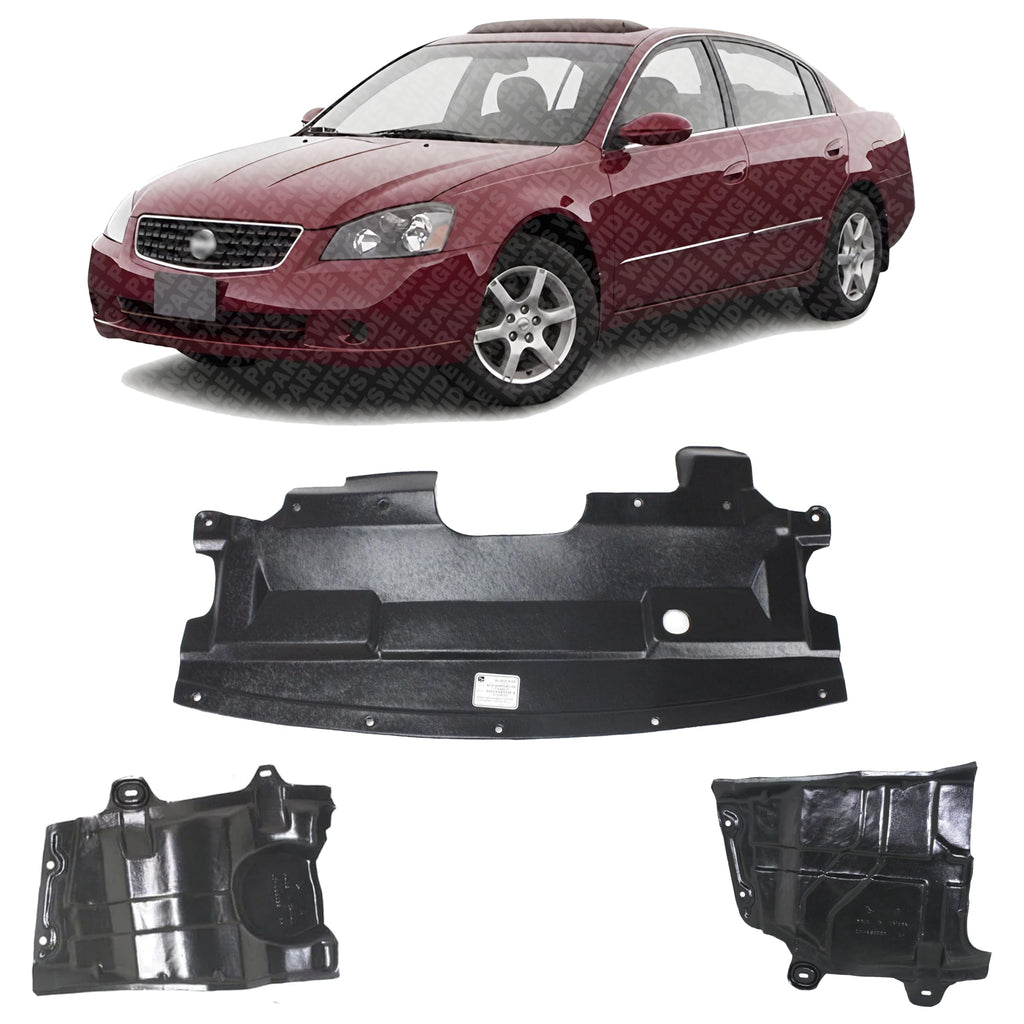 Set of 3 Center Front Engine Splash Shields Left Driver & Right Passenger Side for 2002-2006 Nissan Altima & 2004-2008 Maxima