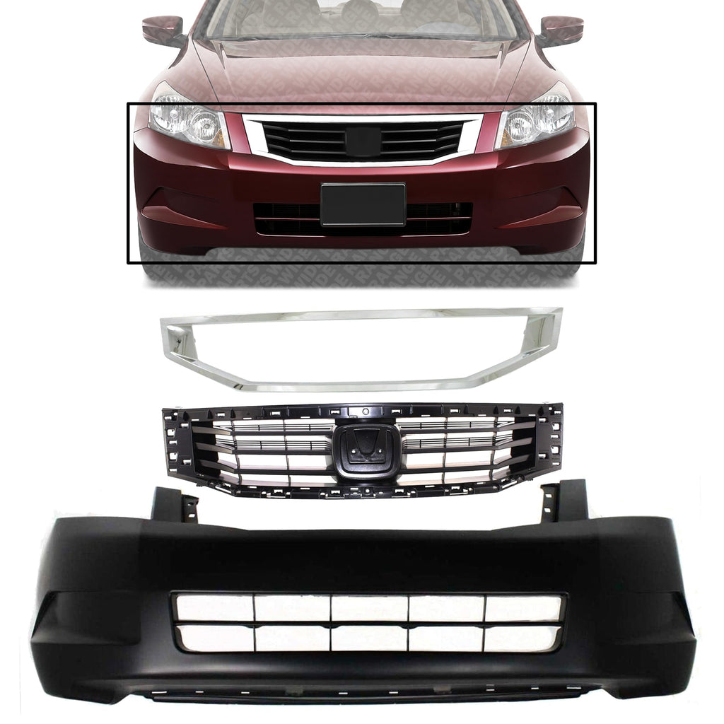 Front Bumper Cover Primed + Grille Primed Shell & Insert with Chrome Molding for 2008-2010 Honda Accord