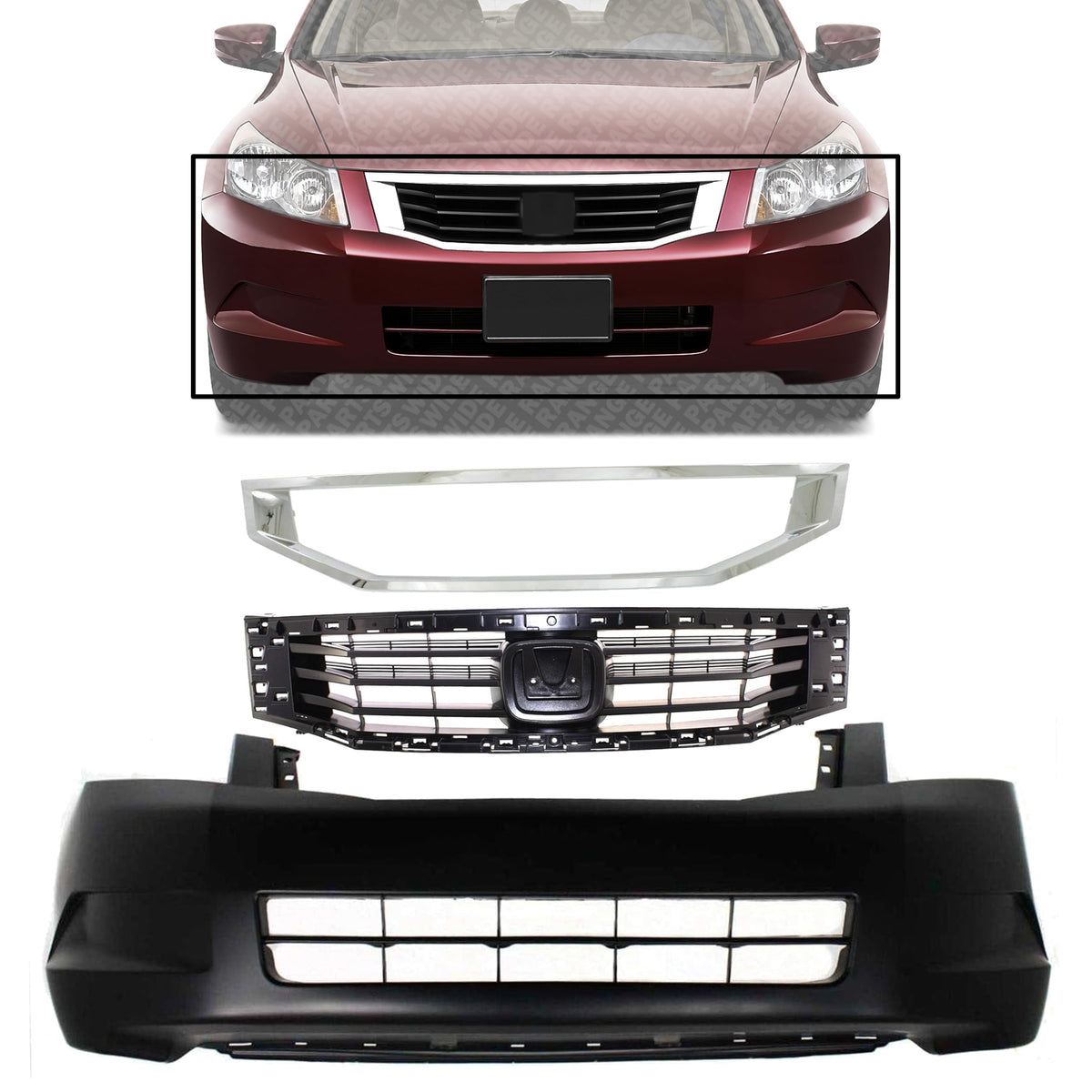 Front Bumper Cover Primed + Grille Primed Shell & Insert with Chrome Molding for 2008-2010 Honda Accord