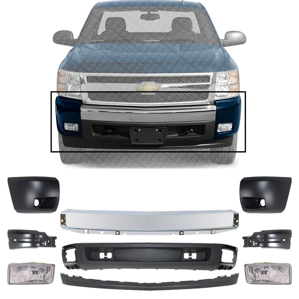 Front Bumper Chrome Steel + Lower Valance + Extension + End Caps + Brackets + Fog Lights Driver & Passenger Side for 2007-2013 Chevrolet Silverado 1500
