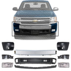 Front Bumper Chrome Steel + Lower Valance + Extension + End Caps + Brackets + Fog Lights Driver & Passenger Side for 2007-2013 Chevrolet Silverado 1500