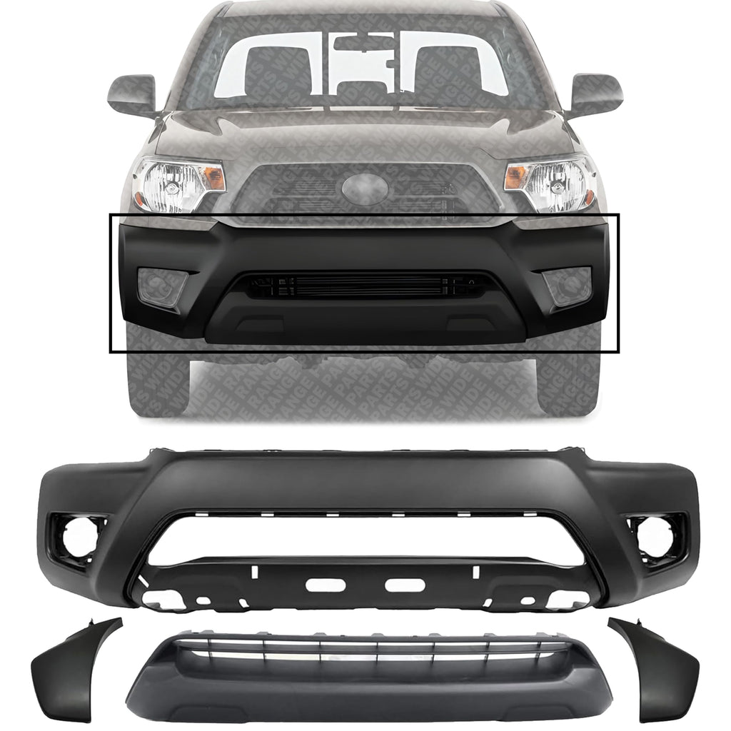 Front Bumper Cover + Lower Grille + End Caps Textured with Wheel Opening Flares Left & Right Side for 2012-2015 Toyota Tacoma