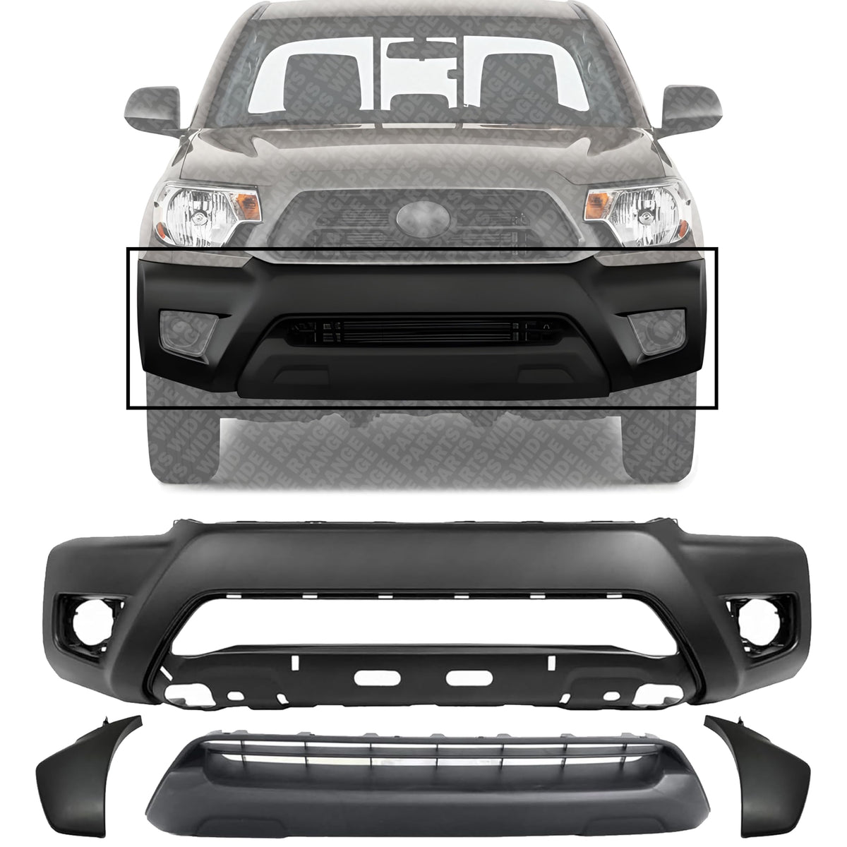 Front Bumper Cover + Lower Grille + End Caps Textured with Wheel Opening Flares Left & Right Side for 2012-2015 Toyota Tacoma