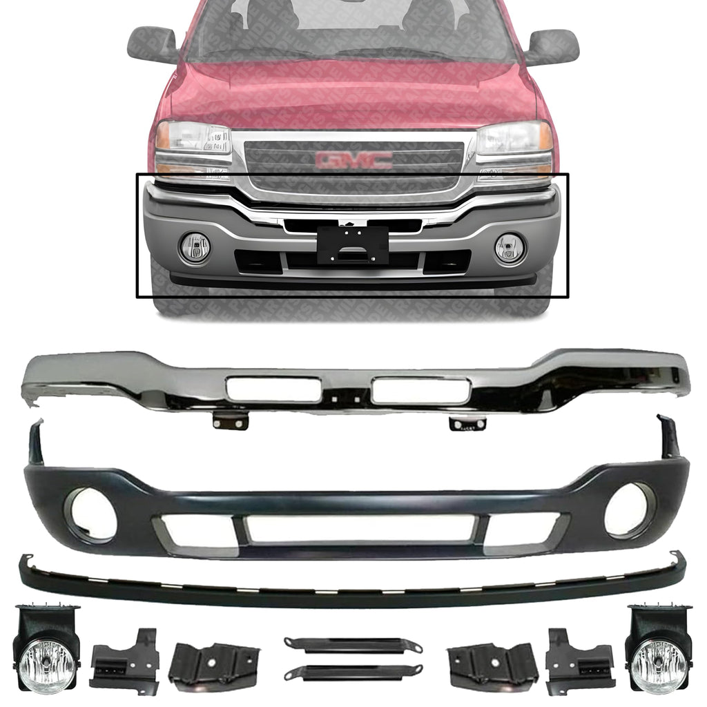 Front Bumper Chrome Steel with Brackets + Lower Valance + Extension Textured+ Fog Lamps Left & Right Side for 2007-2013 GMC Sierra 1500