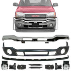 Front Bumper Chrome Steel with Brackets + Lower Valance + Extension Textured+ Fog Lamps Left & Right Side for 2007-2013 GMC Sierra 1500